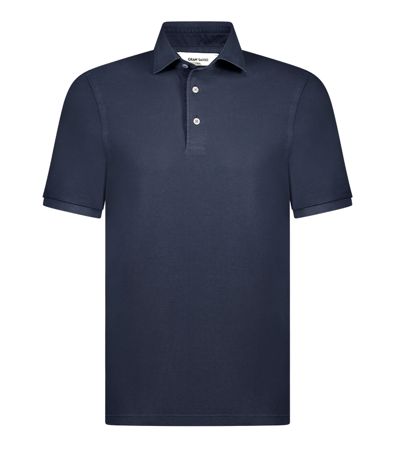   A timeless classic short sleeve polo in a navy blue, featuring a light weight cotton material, three button detail and collar. Sporty Polo, comfortable, made in Italy, throw on and go. 