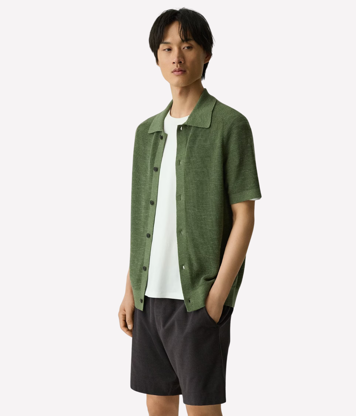 Men’s Theory short-sleeve linen cotton blend shirt with spread collar and button-front closure, lightweight Italian knit.