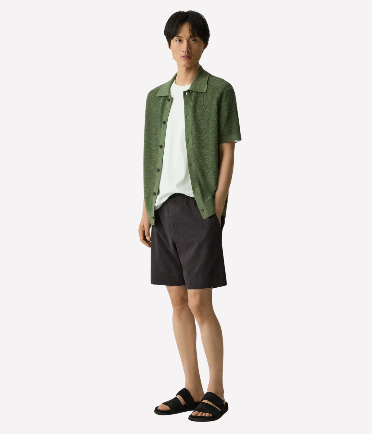 Men’s Theory short-sleeve linen cotton blend shirt with spread collar and button-front closure, lightweight Italian knit.