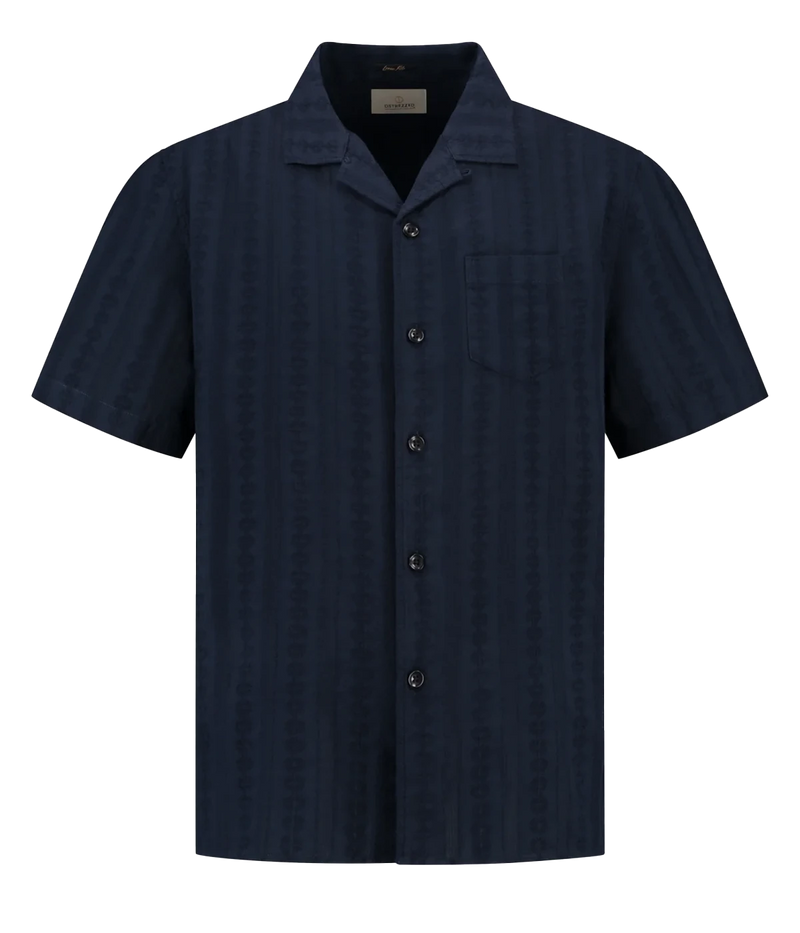 Men's loose-fit short-sleeve resort shirt with a vertical jacquard floral-stripe pattern and resort collar, ideal for summer styling