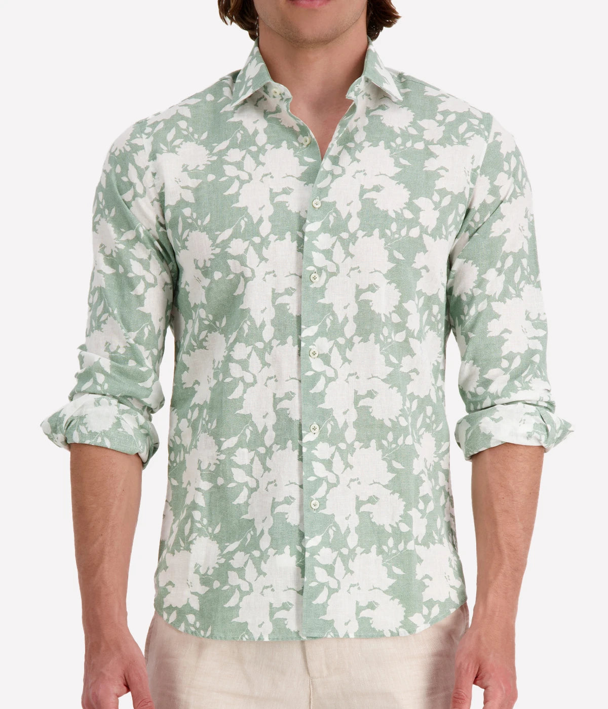 Slim Fit Linen Shirt in Green Floral