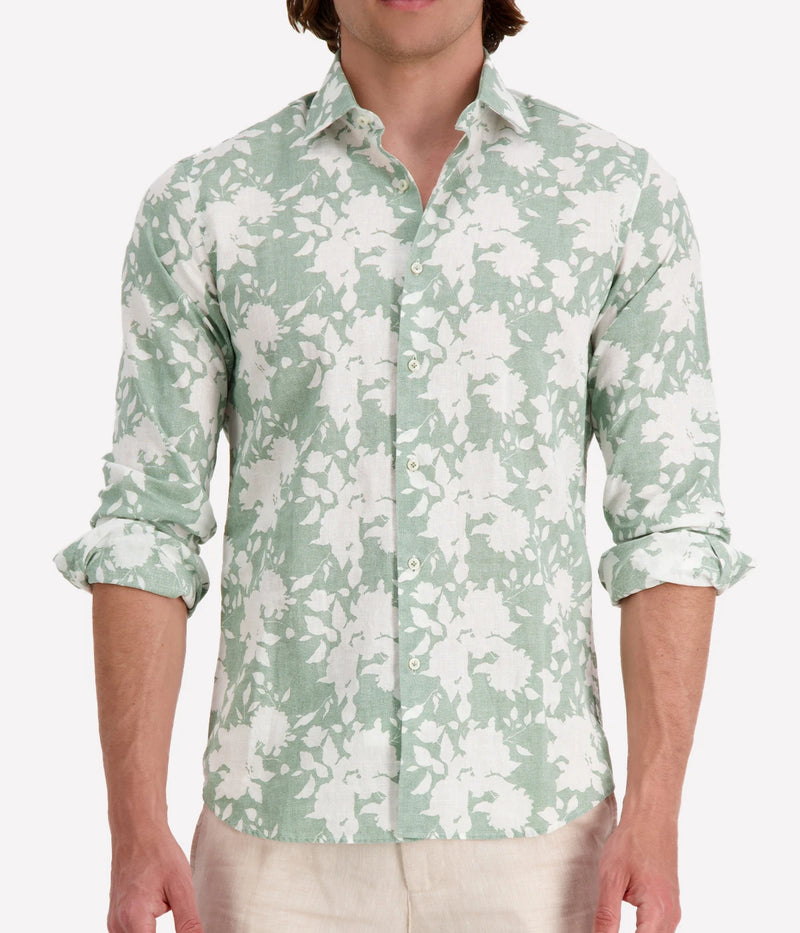 Slim Fit Linen Shirt in Green Floral