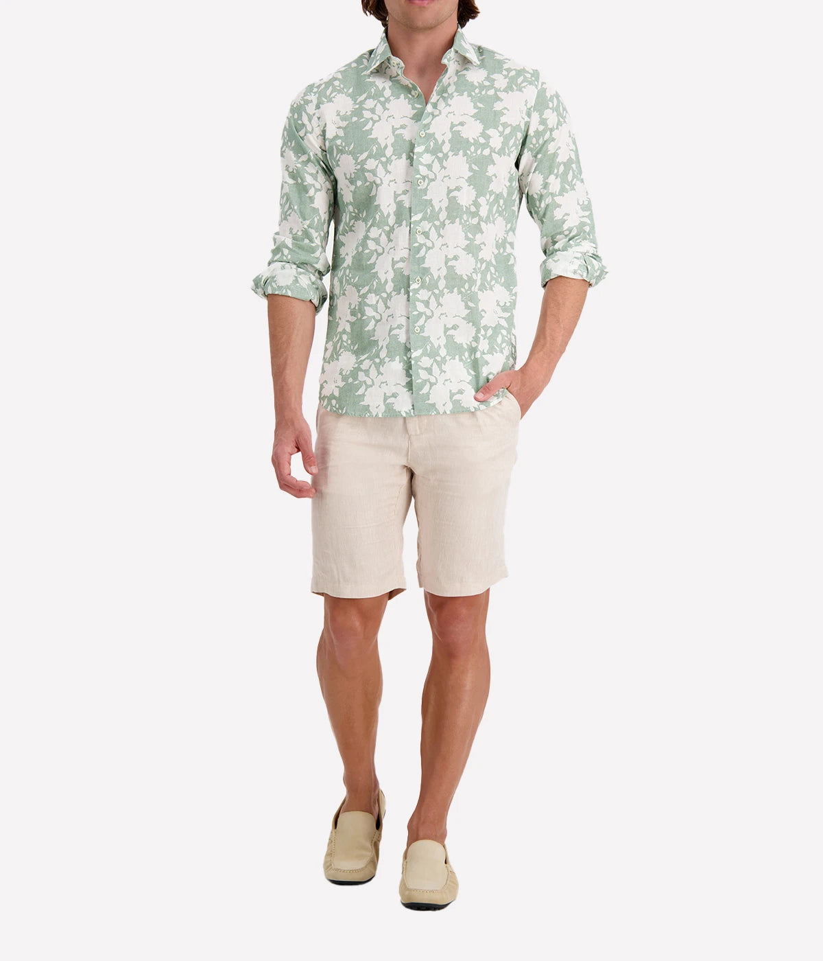 Slim Fit Linen Shirt in Green Floral