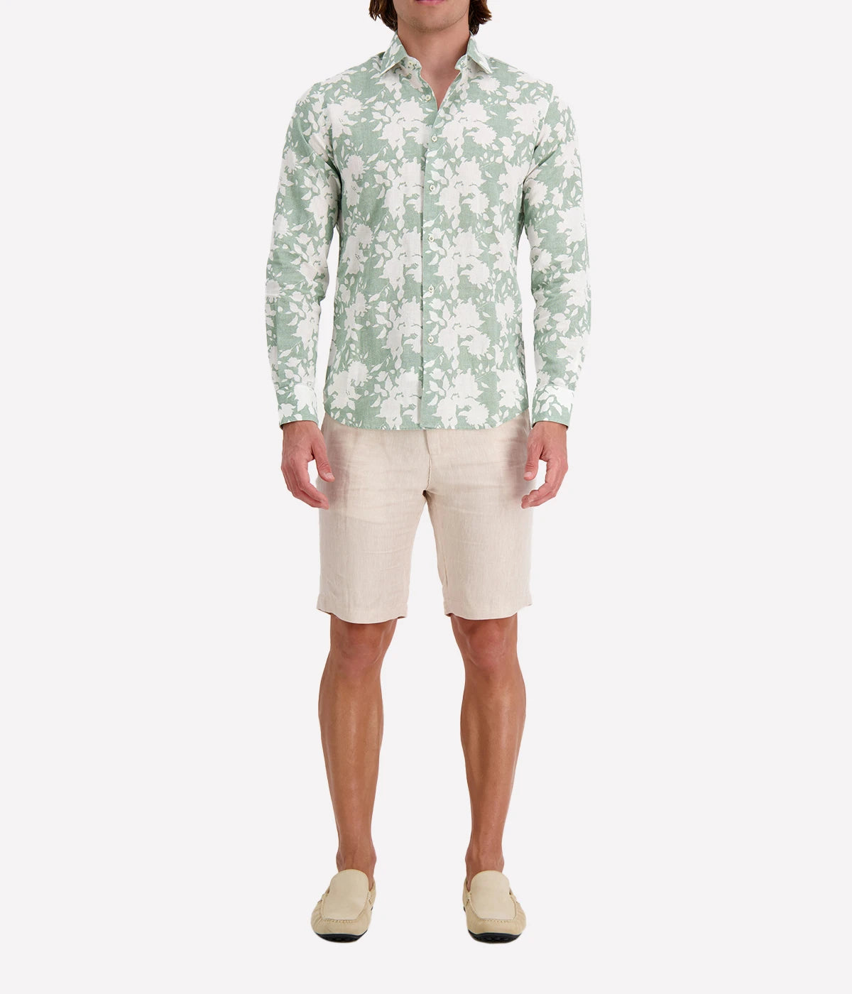 Slim Fit Linen Shirt in Green Floral