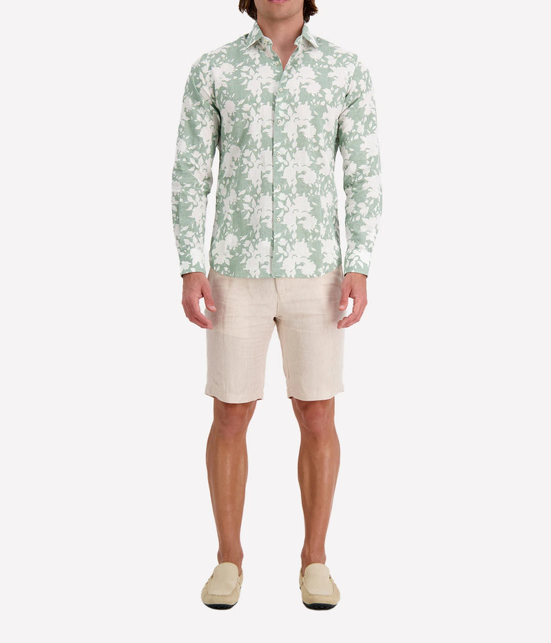 Slim Fit Linen Shirt in Green Floral