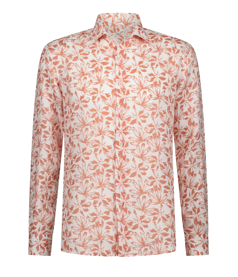 A summer staple long sleeve 100% linen shirt in a orange and white floral print, button up & collar detailing featuring a front pocket. Made in Italy, 100% linen, throw on and go. 