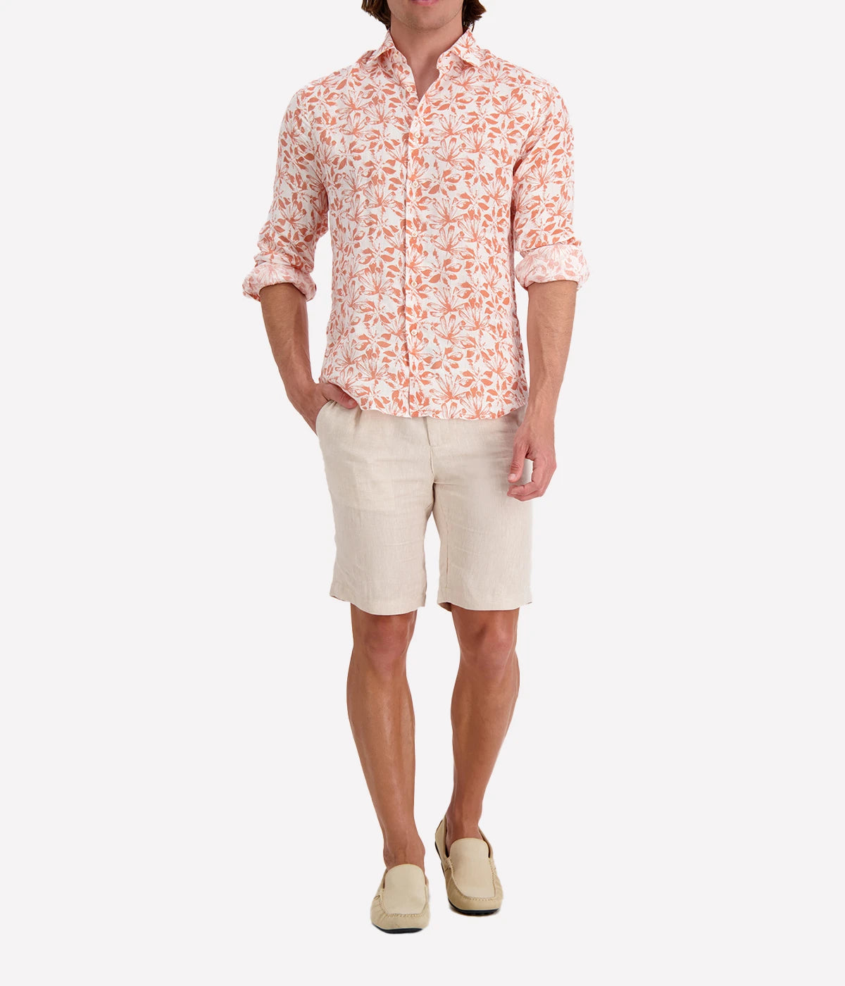 Slim Fit Linen Shirt in Orange Floral