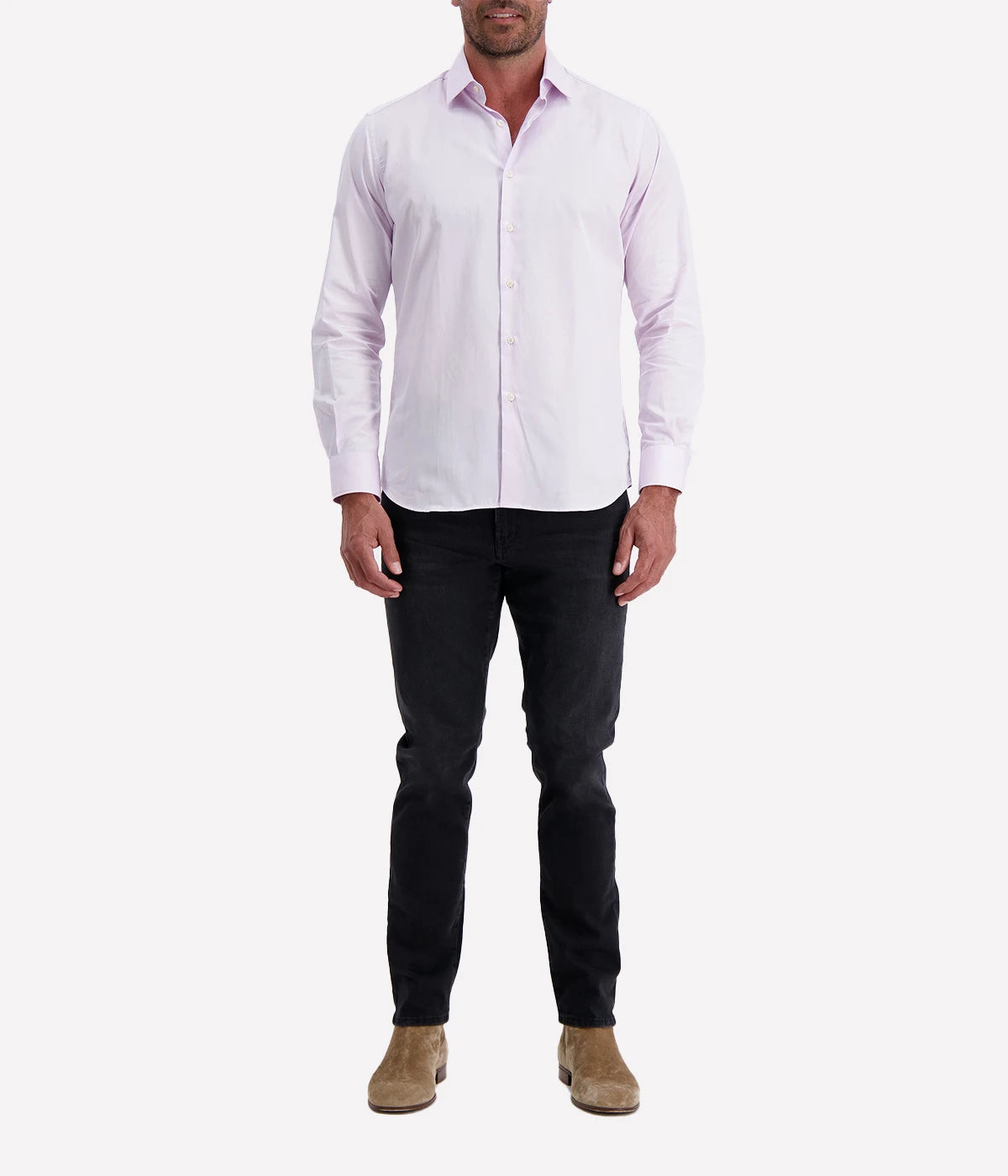Ingram slim fit long-sleeve shirt in light purpley pink, featuring a French collar and single cuffs, crafted from 100% cotton for a refined yet comfortable look.