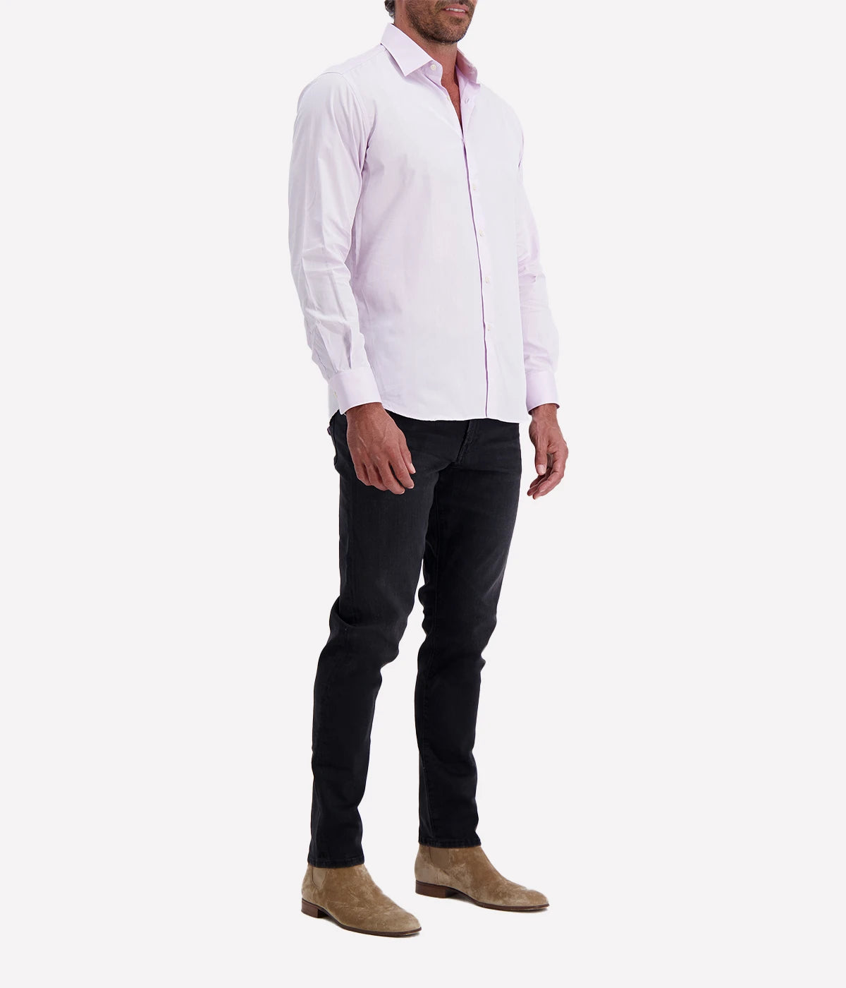 Ingram slim fit long-sleeve shirt in light purpley pink, featuring a French collar and single cuffs, crafted from 100% cotton for a refined yet comfortable look.