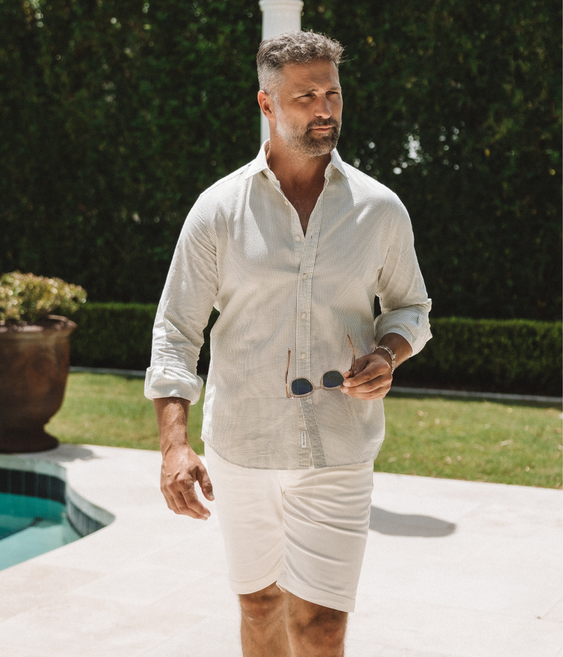 Slim Fit Shirt in Seersucker Green & White