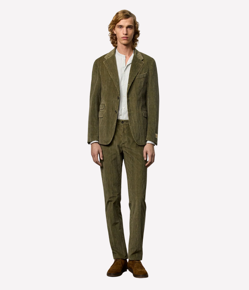 Massimo Alba Mauko trousers in tonal green Prince of Wales check corduroy with straight-leg fit, mid-rise, and unfinished hems.