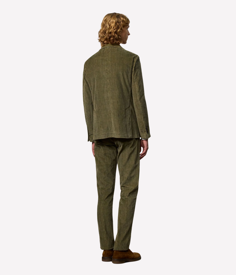 Massimo Alba Mauko trousers in tonal green Prince of Wales check corduroy with straight-leg fit, mid-rise, and unfinished hems.