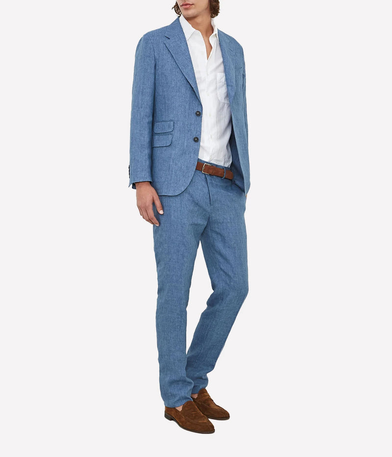 Men's casual deconstructed linen suit with a three-button jacket and slim-fit trousers.