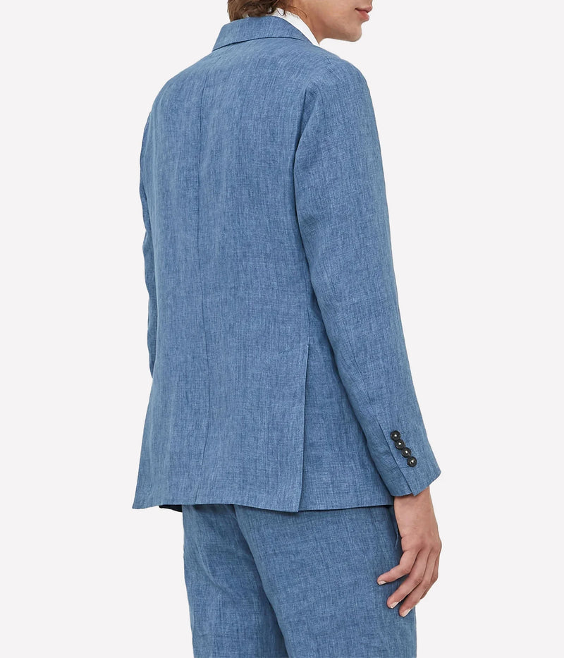 Men's casual deconstructed linen suit with a three-button jacket and slim-fit trousers.