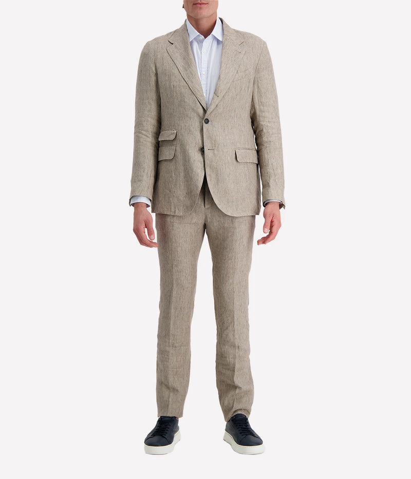 Massimo Alba Men's linen blazer with a deconstructed silhouette, notched lapel, and three-button design. Lightweight and breathable, perfect for effortless smart-casual styling. Features flap pockets, dark horn buttons, and double back vents. Made in Italy.