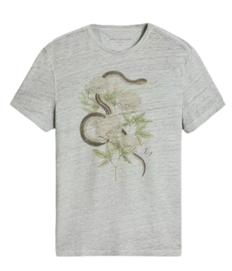 Linen crewneck t-shirt featuring a detailed snake and floral print with a scripted 'JV' logo, short sleeves, and a lightweight feel.