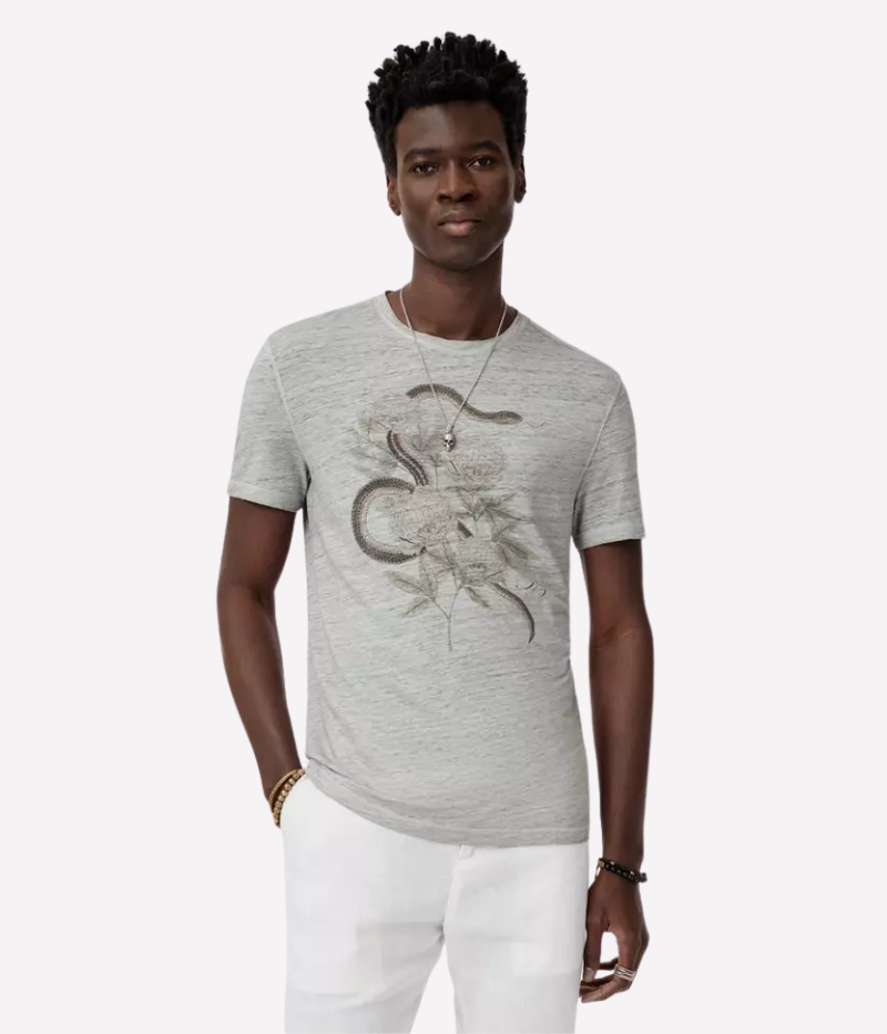 Linen crewneck t-shirt featuring a detailed snake and floral print with a scripted 'JV' logo, short sleeves, and a lightweight feel.