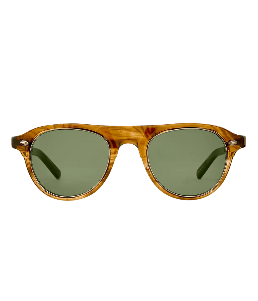 Round aviator style sunglasses by Mr Leight, Handcrafted in Japan with green lenses.
