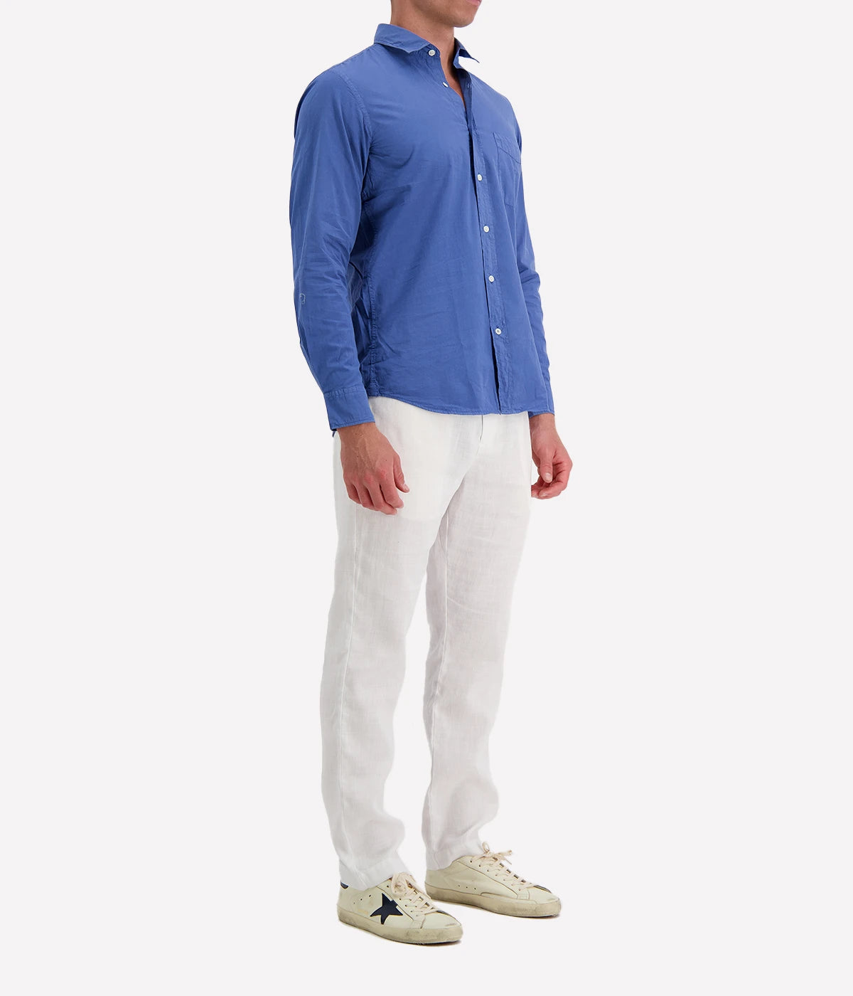 Side profile of the Hartford Storm Pat Men Woven Shirt, showing its slim-fit cut and garment-dyed finish. A versatile cotton shirt suitable for both casual and smart occasions.