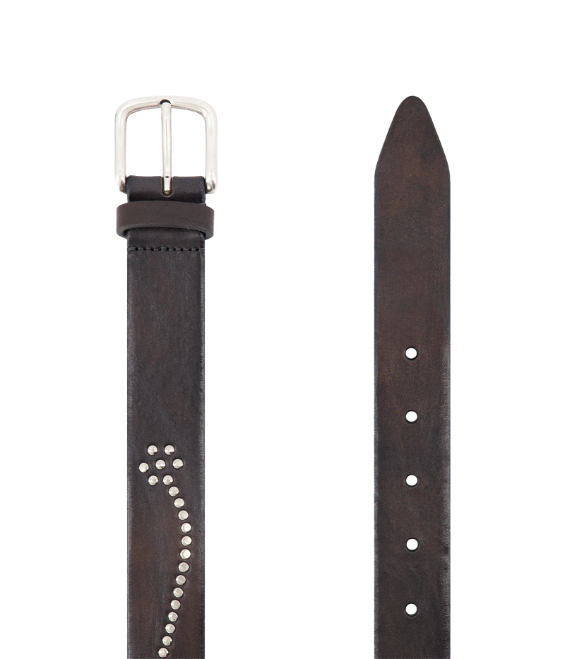 Close-up of a black studded leather belt featuring a premium leather strap with evenly spaced metal studs and a sturdy buckle. A bold accessory that adds an edgy touch to any outfit.