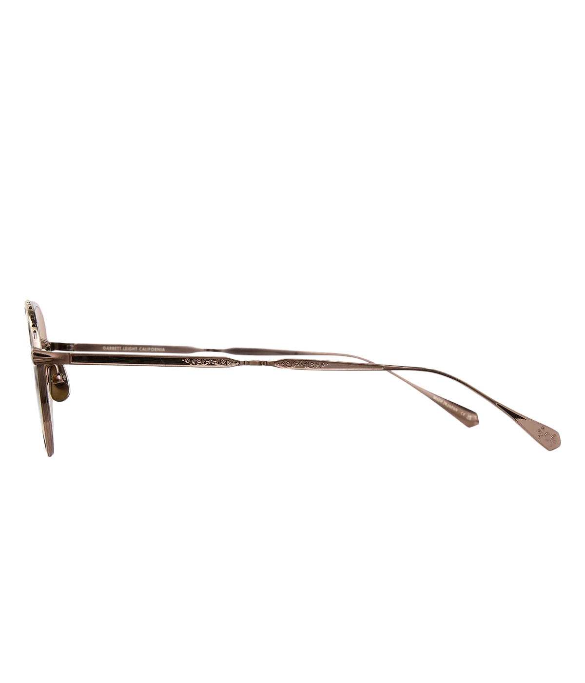 Side view of Garrett Leight Wells J Sun 47 in Brushed Bronze showing the titanium temple