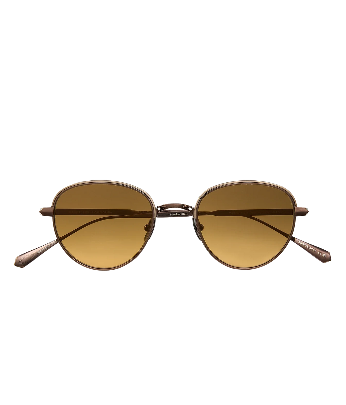 Front product view of Garrett Leight Wells J Sun 47 in Brushed Bronze with brown gradient lenses and temples open