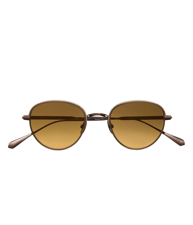 Front product view of Garrett Leight Wells J Sun 47 in Brushed Bronze with brown gradient lenses and temples open
