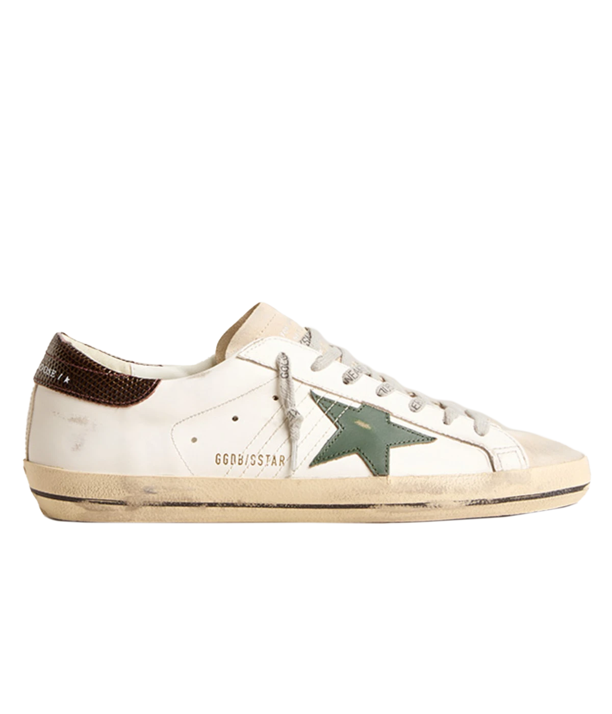A pair of Golden Goose Super Star Sneakers in white, seed pearl, green, and brown, featuring the brand's signature distressed finish for a relaxed, worn-in look. The sneakers include a signature star patch on the sides and a contrasting green and brown heel counter. Designed with a front lace-up fastening, round toe, and flat rubber sole, these sneakers are perfect for everyday wear, offering a mix of style, comfort, and signature Golden Goose flair.