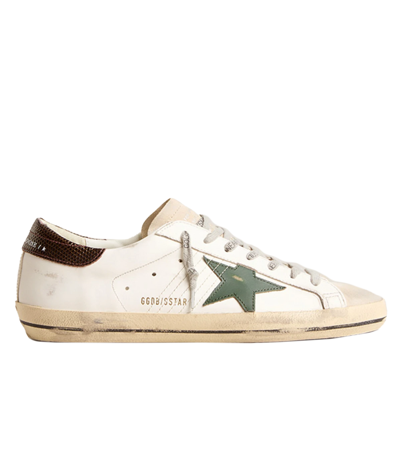A pair of Golden Goose Super Star Sneakers in white, seed pearl, green, and brown, featuring the brand's signature distressed finish for a relaxed, worn-in look. The sneakers include a signature star patch on the sides and a contrasting green and brown heel counter. Designed with a front lace-up fastening, round toe, and flat rubber sole, these sneakers are perfect for everyday wear, offering a mix of style, comfort, and signature Golden Goose flair.