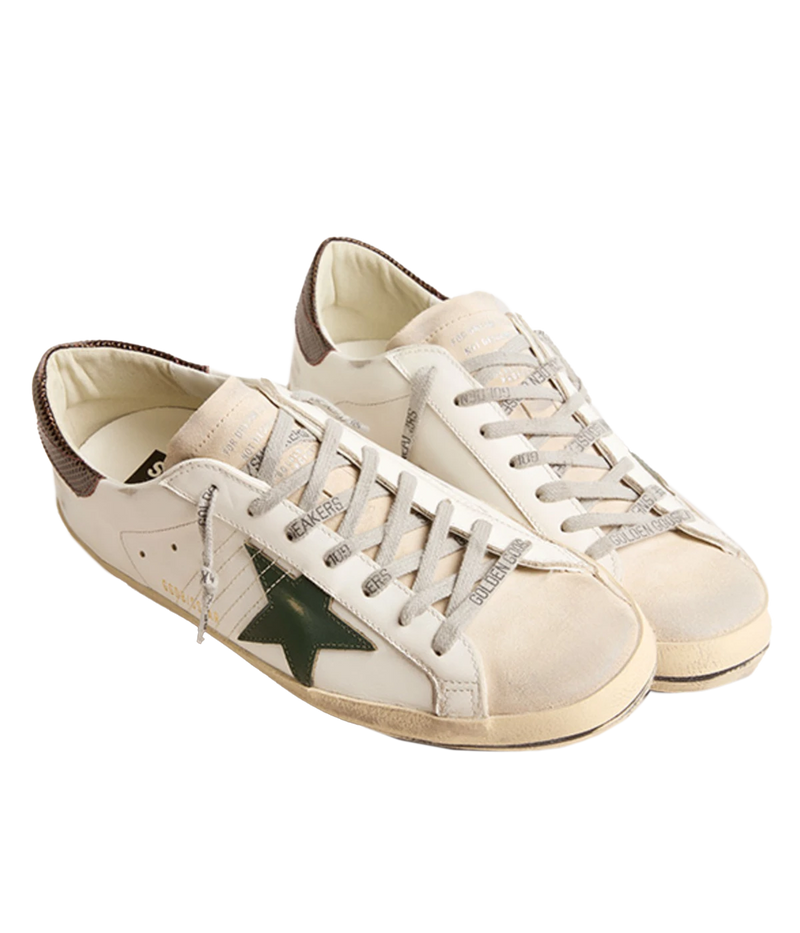 A pair of Golden Goose Super Star Sneakers in white, seed pearl, green, and brown, featuring the brand's signature distressed finish for a relaxed, worn-in look. The sneakers include a signature star patch on the sides and a contrasting green and brown heel counter. Designed with a front lace-up fastening, round toe, and flat rubber sole, these sneakers are perfect for everyday wear, offering a mix of style, comfort, and signature Golden Goose flair.