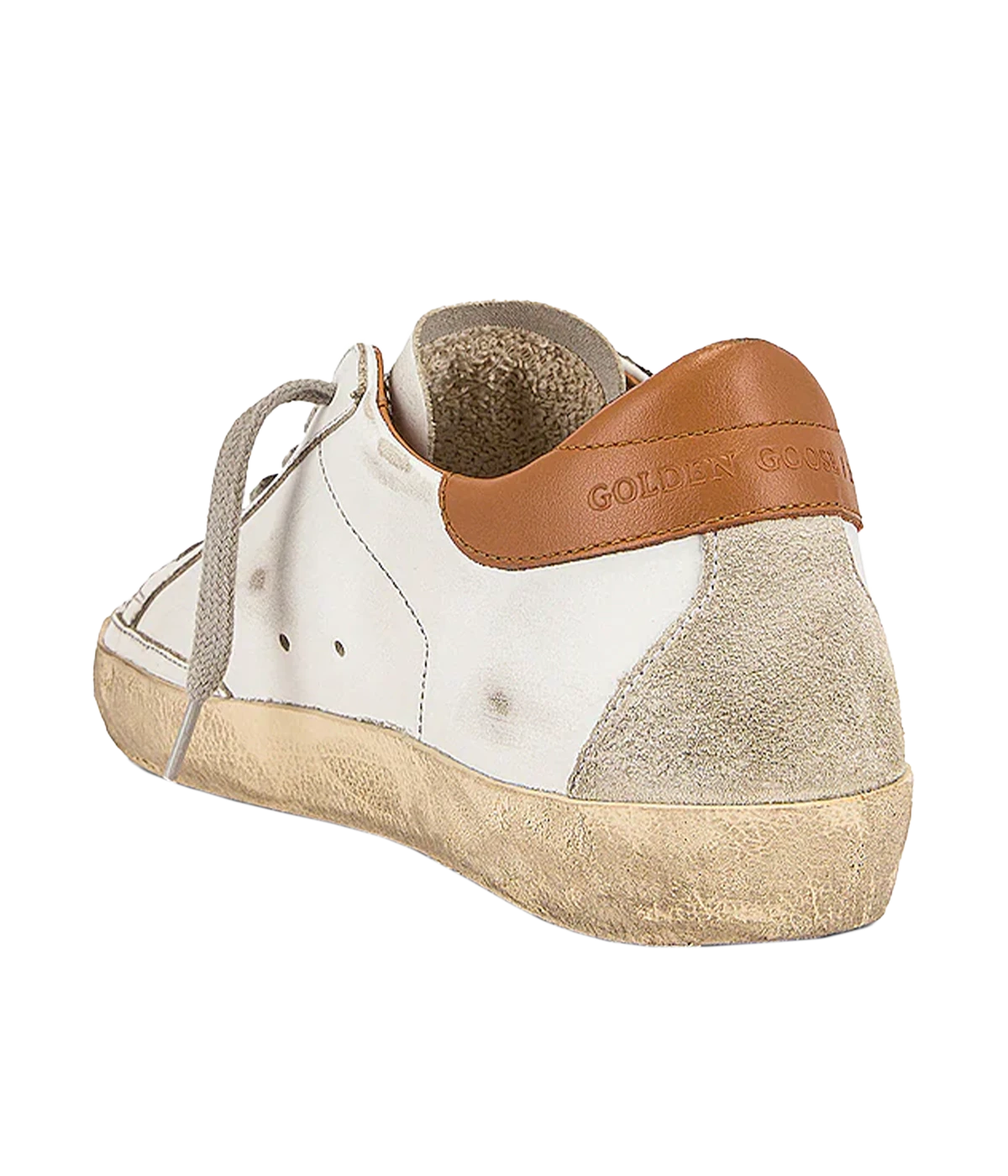 The Golden Goose Super-Star Sneakers in White, Ice & Light Brown feature leather uppers with a distressed finish for a vintage-inspired look. A brown accent at the heel adds a stylish touch, while the iconic star motif on the side wall stands out. With a rubber sole and round toe, these sneakers combine effortless style and comfort, making them a versatile addition to any casual wardrobe.