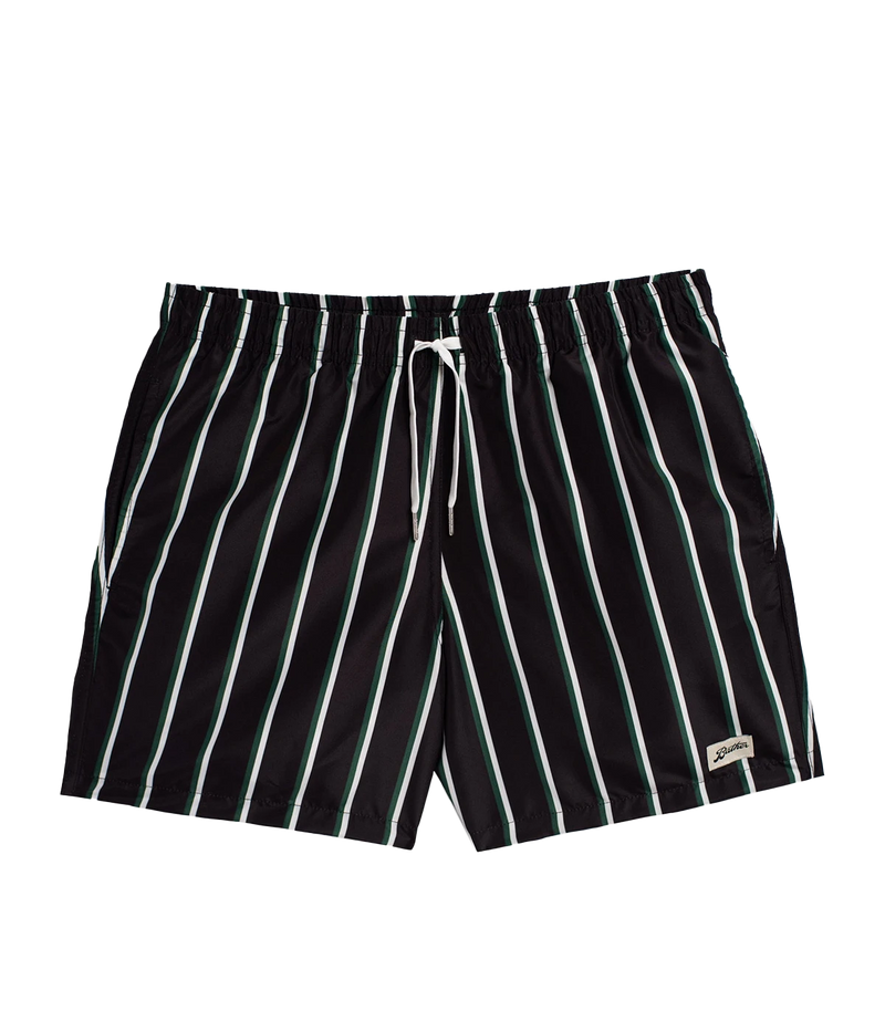 Front view of Bather solid swim trunks, featuring a 5.5-inch inseam and an elasticized waist for a secure and comfortable fit. Made from 100% recycled quick-dry polyester, the trunks are designed with reinforced side pockets and a back pocket with a snap closure.