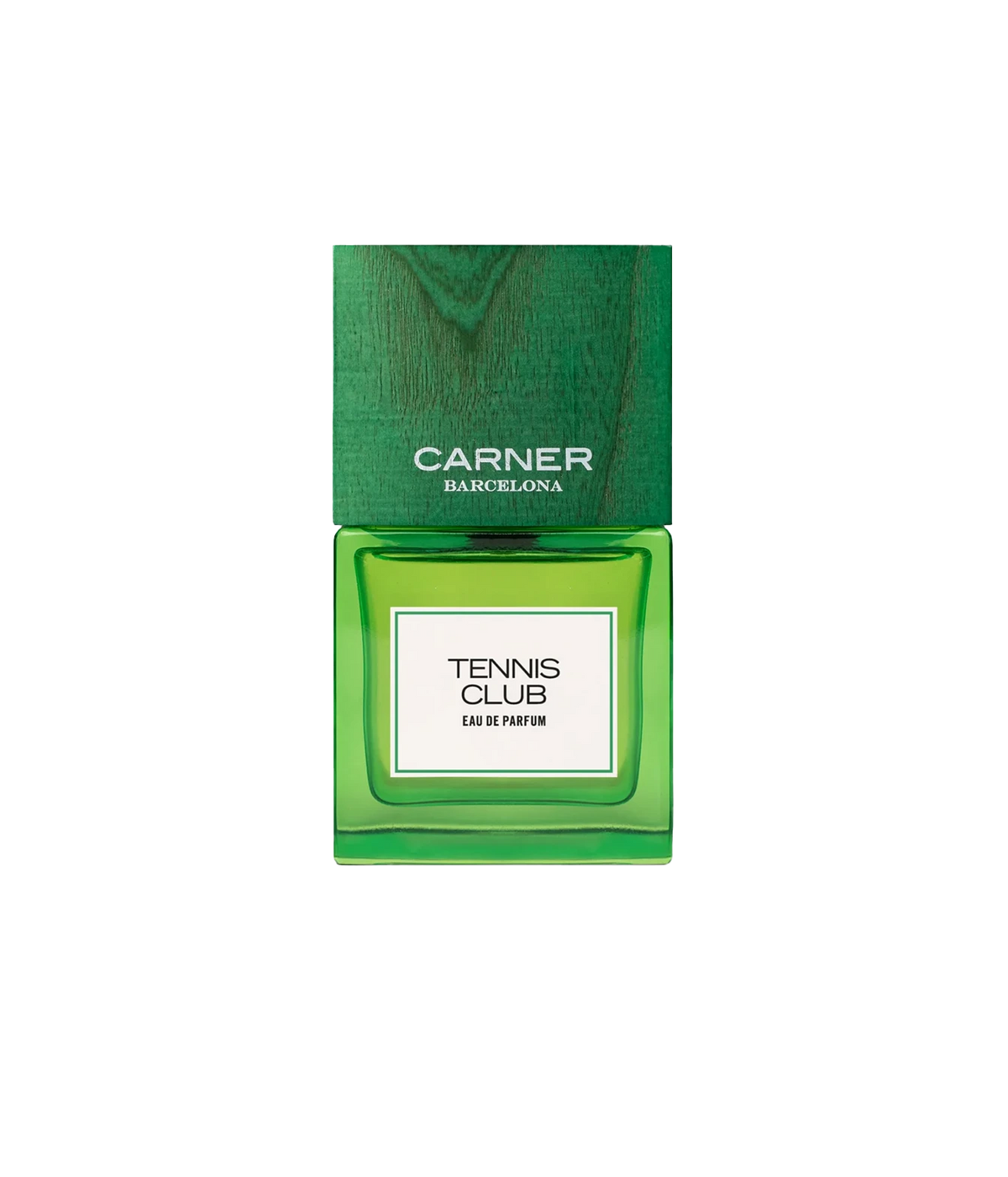 Carnier Barcelona Tennis Club Eau de Parfum bottle in vibrant green glass with a matching green cap, centered on a plain white background.