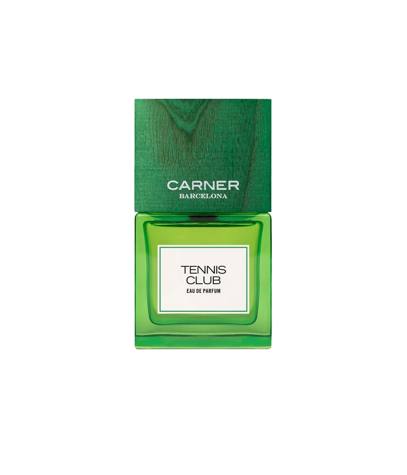 Carnier Barcelona Tennis Club Eau de Parfum bottle in vibrant green glass with a matching green cap, centered on a plain white background.