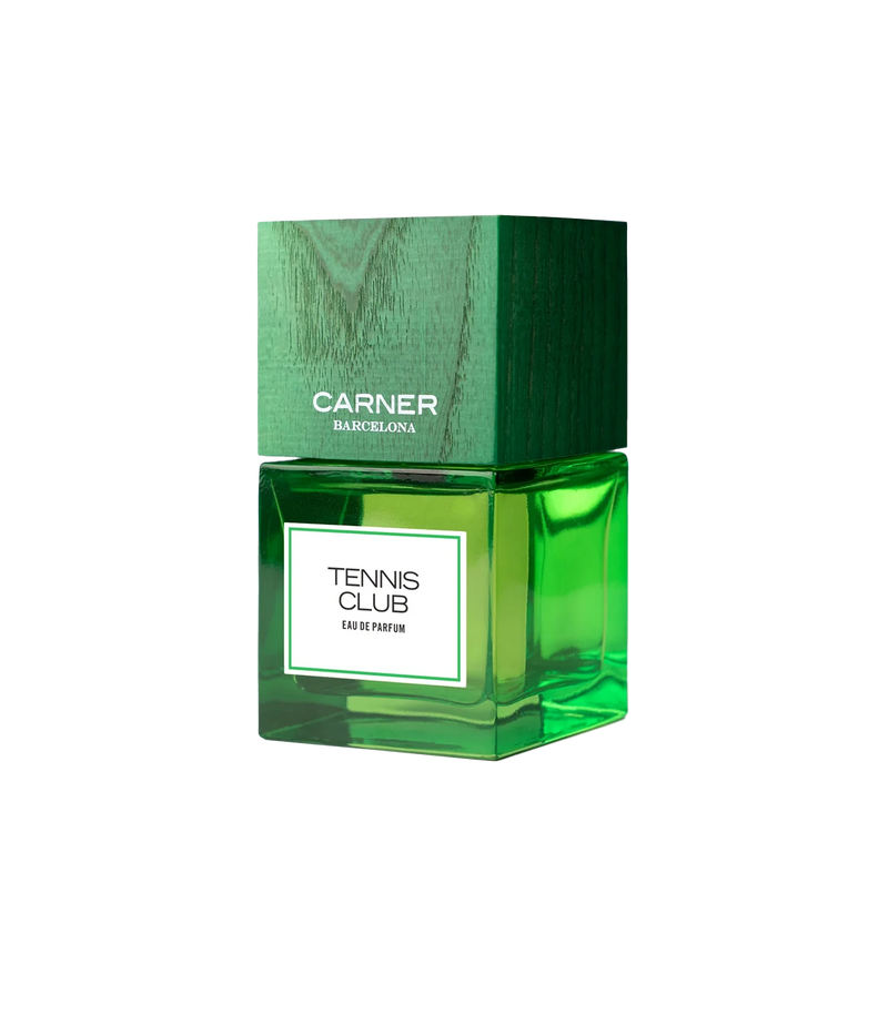 Carner Barcelona Tennis Club Eau de Parfum in a green glass bottle with a matching green textured cap, shown on a plain white background.