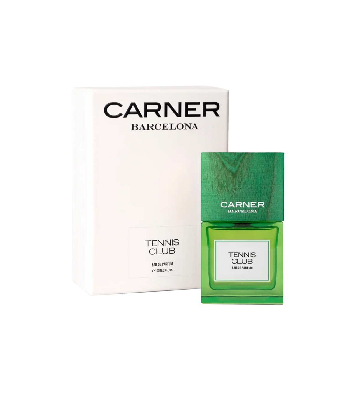 Carner Barcelona Tennis Club Eau de Parfum bottle in green glass next to its white packaging box, on a plain white background.