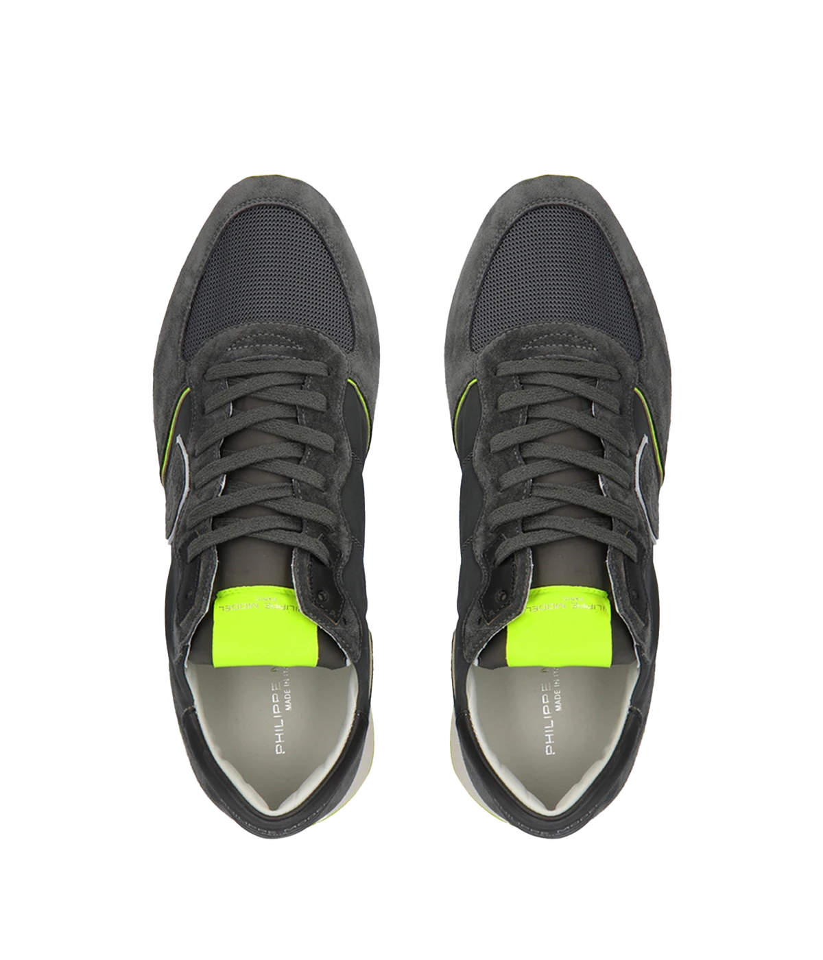 Top view of Philippe Model TRPX sneakers, showcasing the sleek, retro-inspired silhouette with a sporty design. The premium materials and handcrafted details highlight their Made in Italy quality and vibrant urban style.
