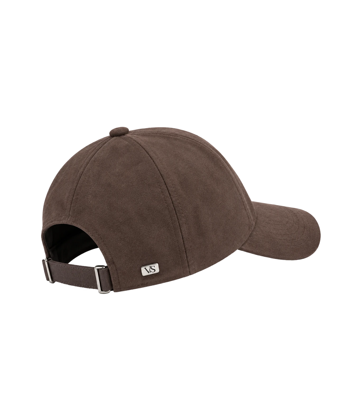 Back view of Varsity Headwear Alcantara Legacy Structured Cap in Fondente Brown showing the adjustable nylon strap