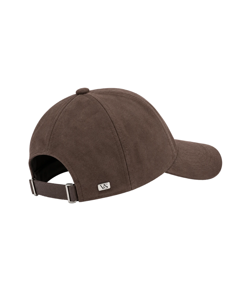Back view of Varsity Headwear Alcantara Legacy Structured Cap in Fondente Brown showing the adjustable nylon strap