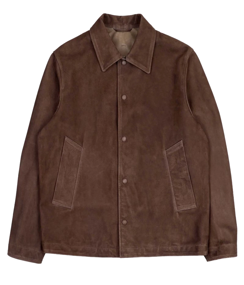 Coach jacket in lamb suede with a shortened body for a modern fit, made in Italy.