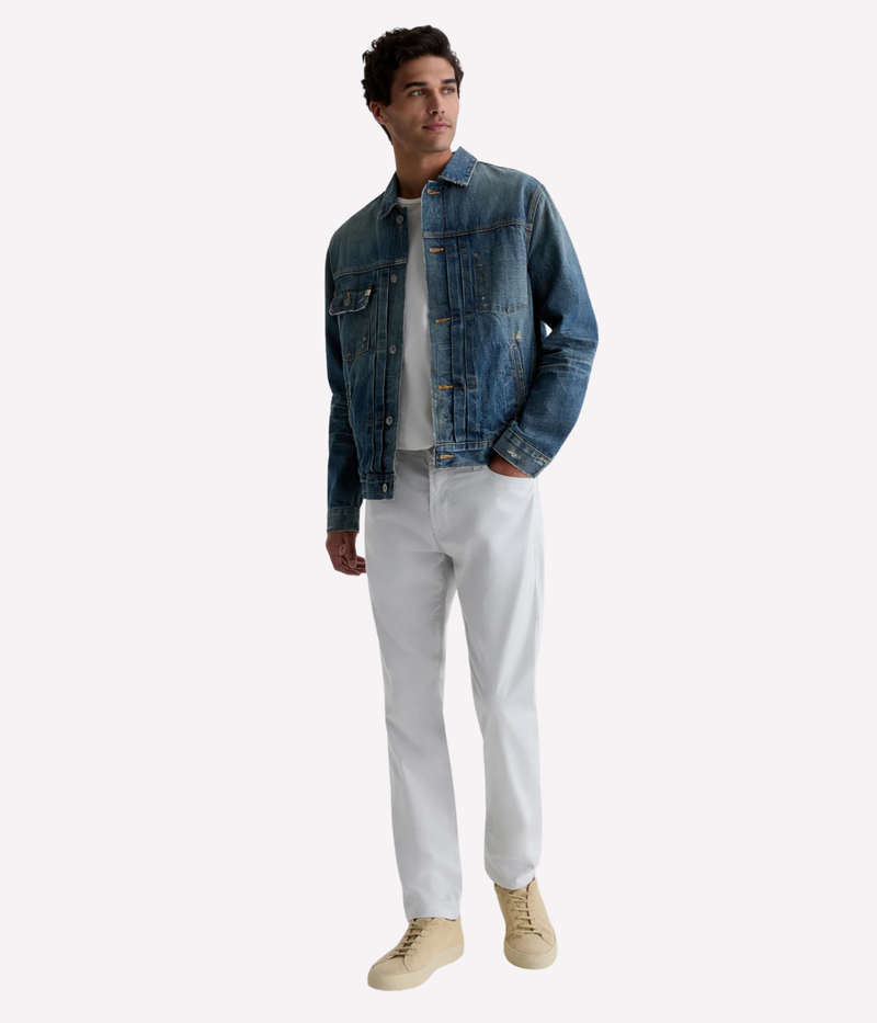 AG Tellis slim fit jeans in 'Almost White' Airluxe™ sateen—lightweight, breathable, and tailored with a tapered leg for modern comfort.