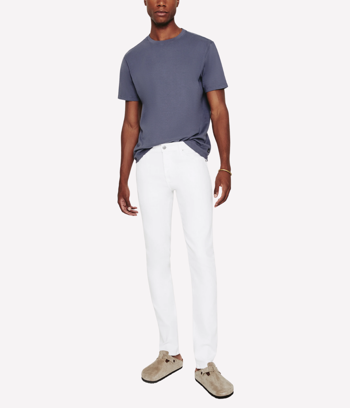 Men’s slim white jeans by AG Tellis, tapered leg in lightweight stretch Dover denim, perfect for smart casual looks.