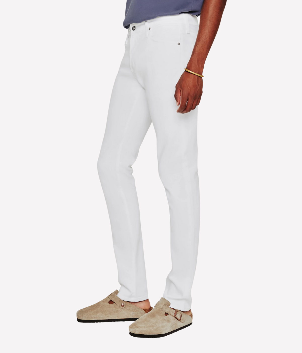 Men’s slim white jeans by AG Tellis, tapered leg in lightweight stretch Dover denim, perfect for smart casual looks.