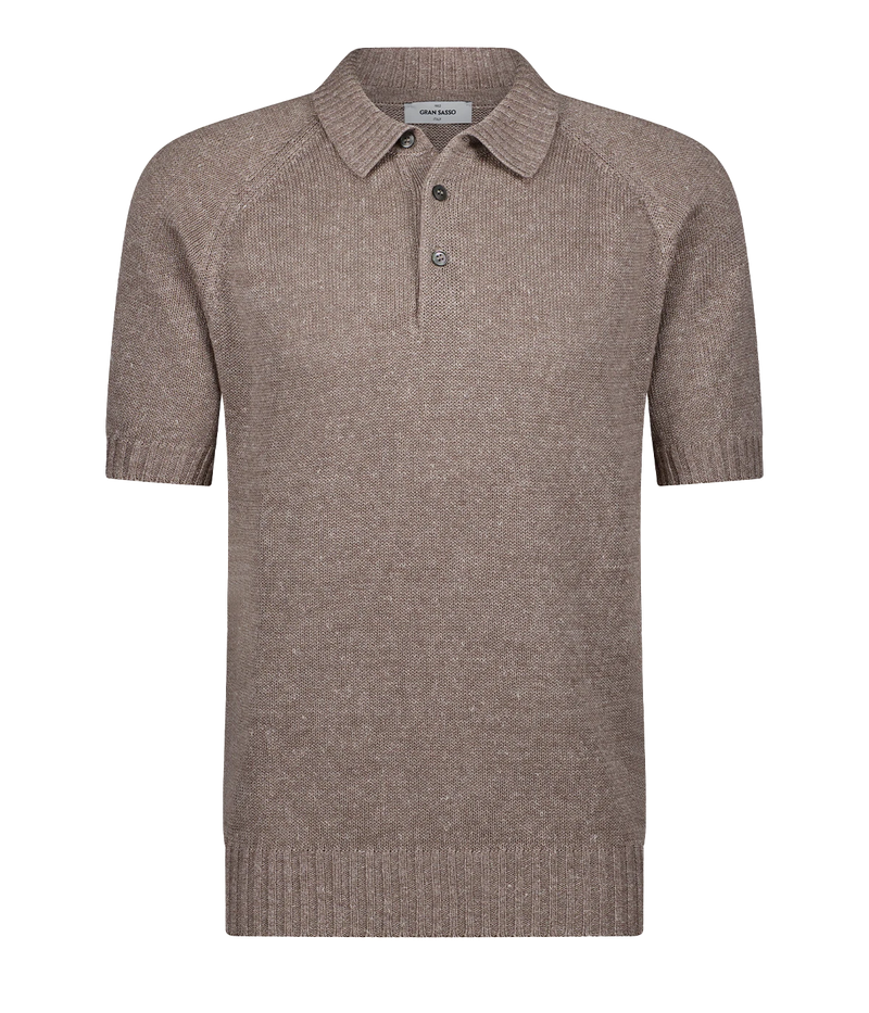 A timeless classic short sleeve polo in a taupe, knitted material, made in Italy, featuring three button and collar detailing. Throw on and go, dressy polo, everyday staple.  