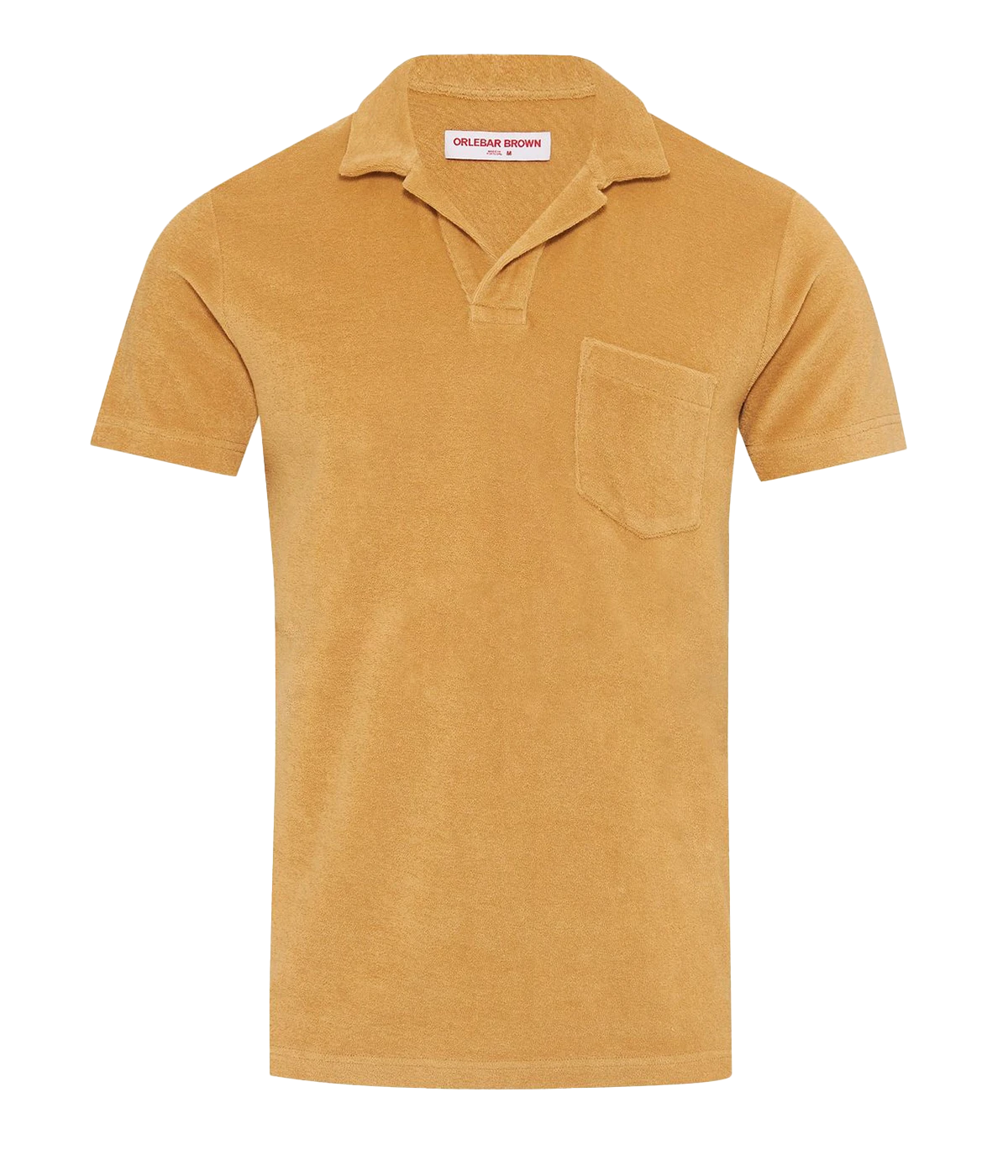 A flat lay of the Orlebar Brown Terry Towelling Polo in biscuit, showcasing its soft texture and tailored silhouette.