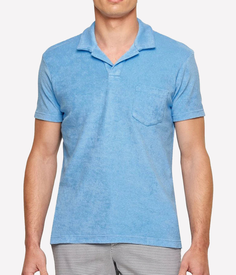 Front view of the Terry Towelling Polo, highlighting its sharp tailored fit, short sleeves, and open placket design.