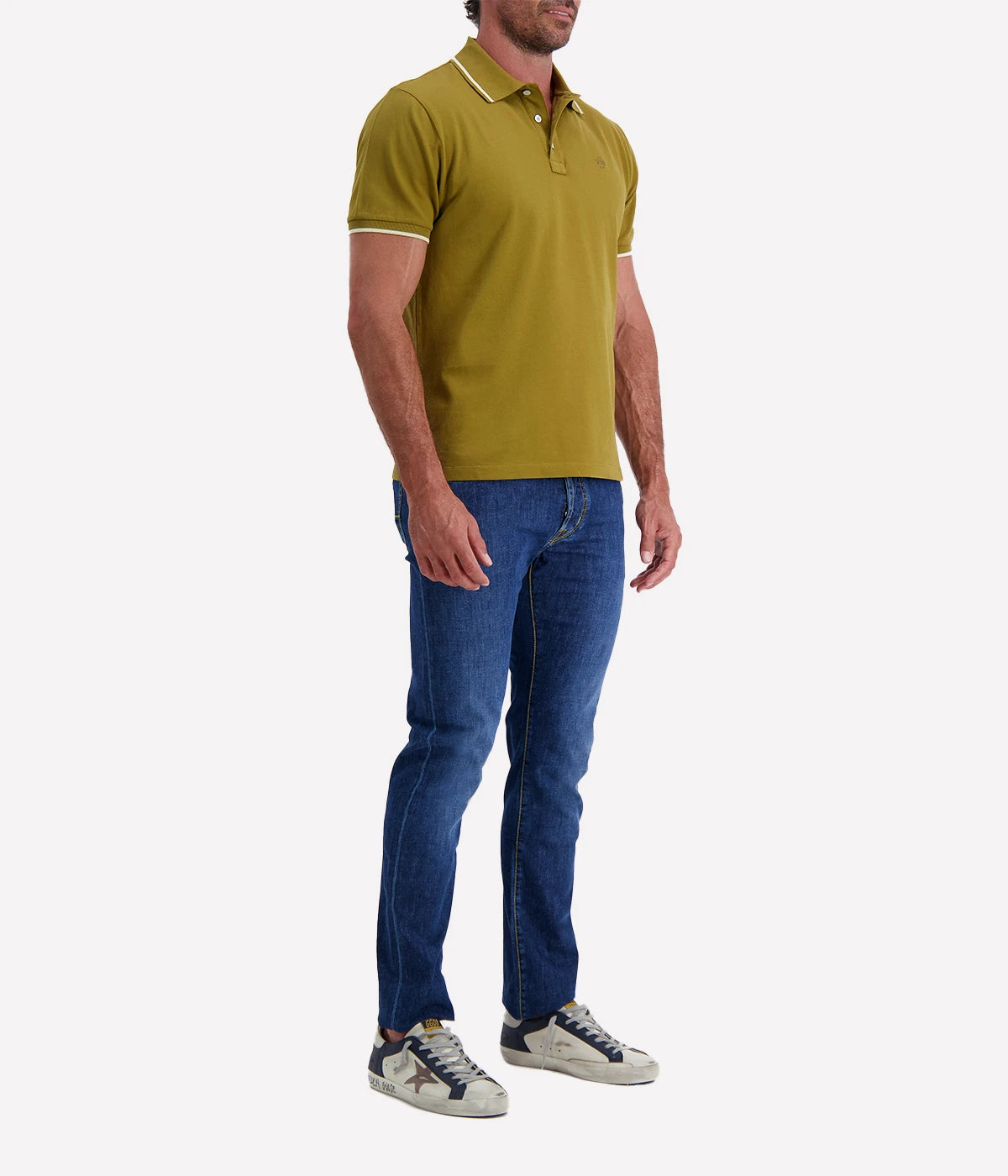 Jacob Cohën men's polo shirt in olive green with contrast tipping, classic two-button placket, and embroidered logo. Made from soft stretch cotton for a tailored fit. Also available in navy and white.