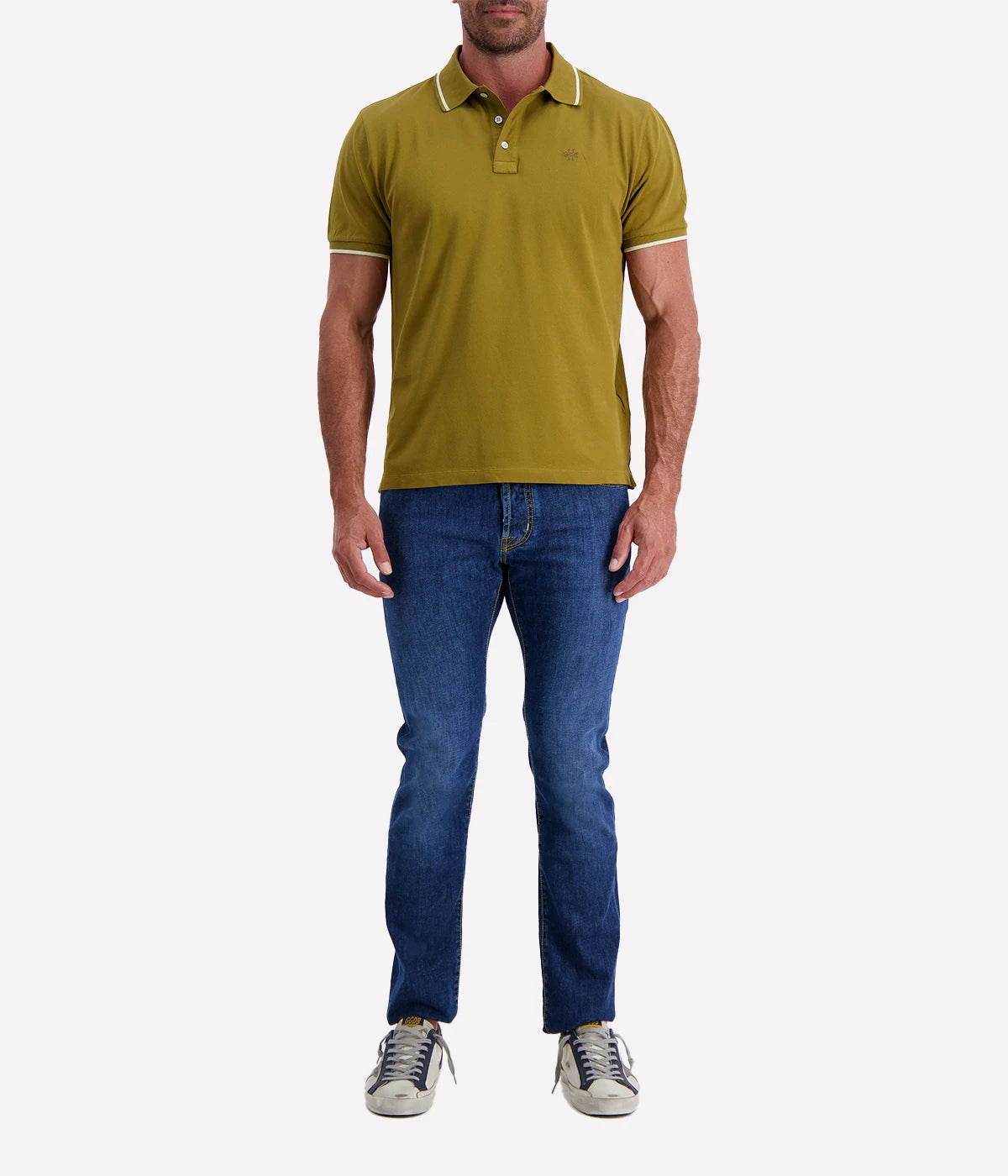 Jacob Cohën men's polo shirt in olive green with contrast tipping, classic two-button placket, and embroidered logo. Made from soft stretch cotton for a tailored fit. Also available in navy and white.