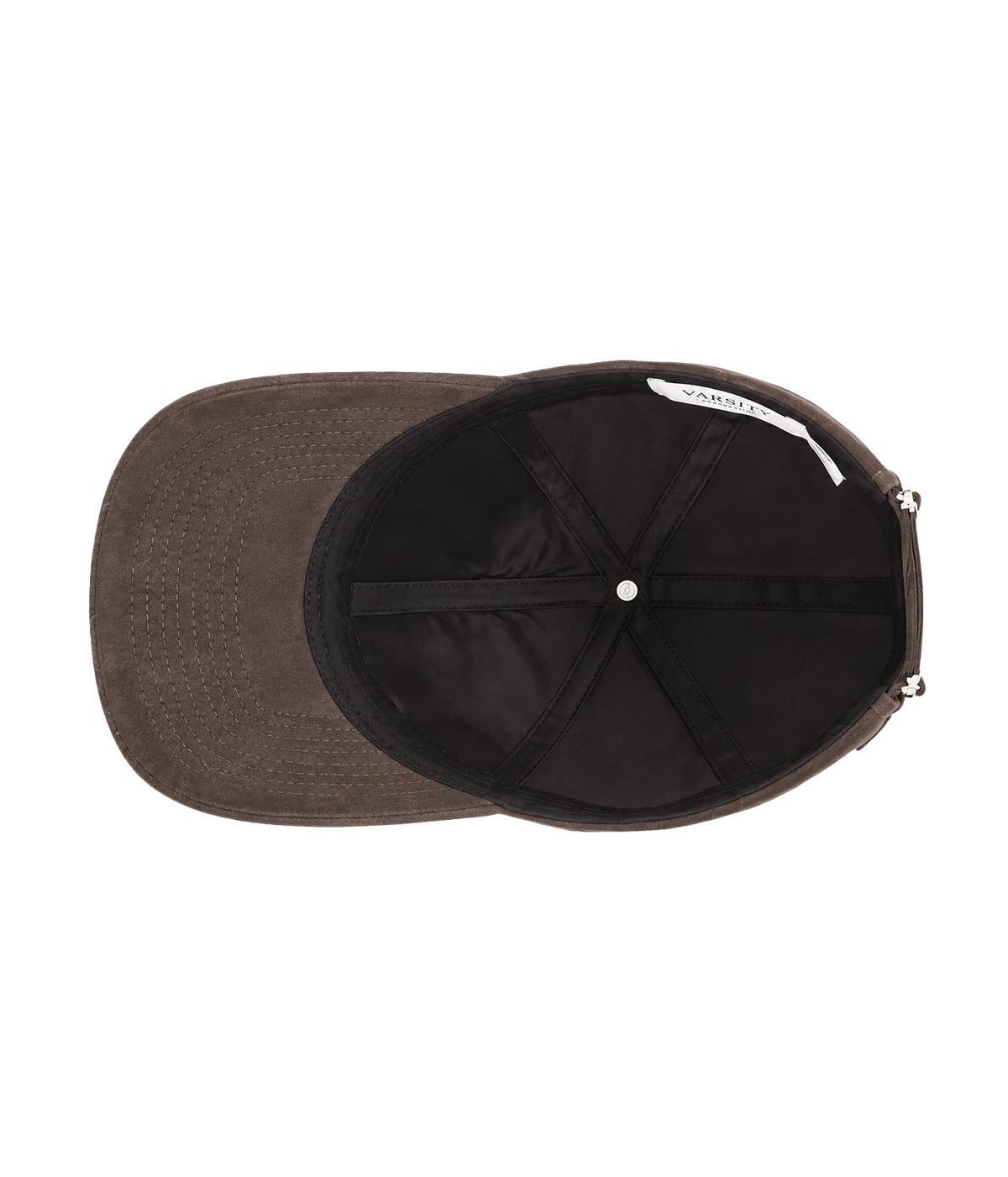 Inside view of Varsity Headwear Alcantara Legacy Structured Cap in Fondente Brown showing the taped seams, lining and underside of the brim