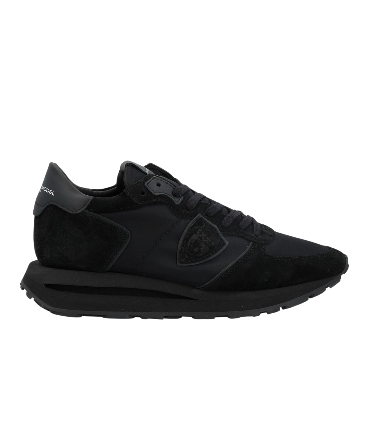 Philippe Model all-black Tropez sneakers in suede and technical fabric with side shield, memory foam insole, and lightweight rubber sole.